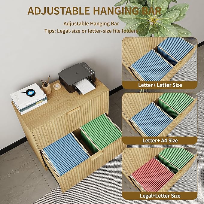 Double Drawer Horizontal File Cabinet,Wooden Fluted File Cabinet Printer Stand for Legal/Letter/A4 Size with Metal Handle for Modern Home,Office,Living Room (File cabinet-natural-05)