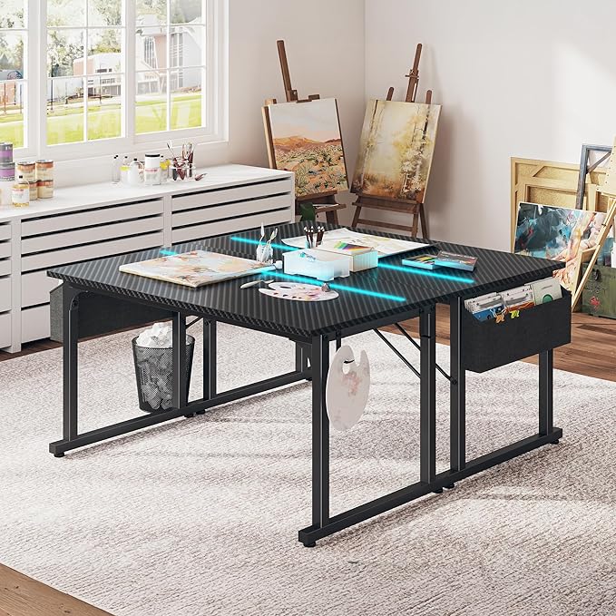 48 Inch Computer Desk with LED Lights, Office Desk for Home Office, Study Desk Writing Table with Storage Bag, Headphone Hook, Black