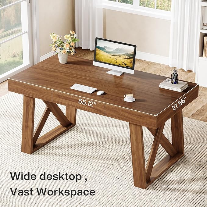 Tribesigns 55" Wide Desktop Executive Desk with Drawer, Retro Brown Computer Office Desk, Modern Wood Business Workstation Table for Home Office