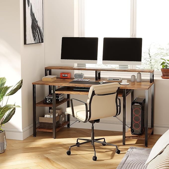 VERMESS 48Inch Computer Desk, Home Office Desks with Keyboard Tray, Gaming Desk with CPU Stand Shelf,Industrial Study Table Wide Writing Desk with Storage Shelves for 2 Monitors, Rustic Brown