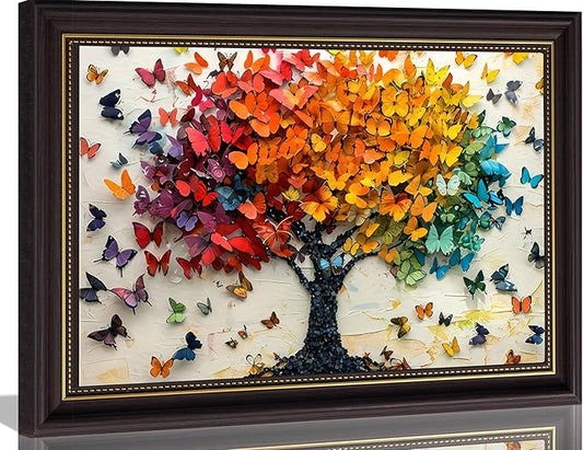 Vintage Dark Brown Framed Wall Art Colorful Butterfly Tree Painting Picture Wall Decor Tree of Life Picture Poster Print Artwork for Wall Living Room Bathroom Bedroom Home Decoration