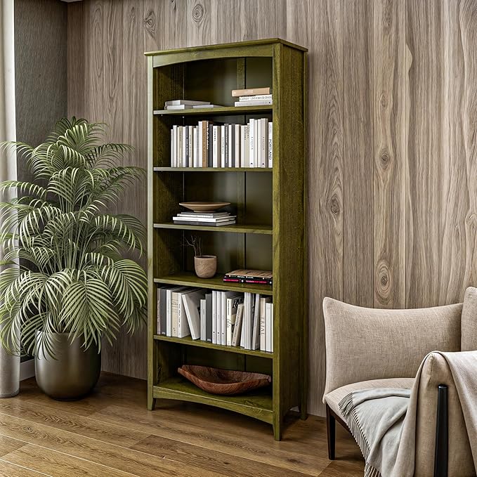 Camaflexi Shaker Style 6 Shelf Bookcase/Solid Wood / 72" High/Adjustable Shelving/Closed Back/Display Bookshelf for Living Room, Bedroom, Home and Office, Olive Grove Green