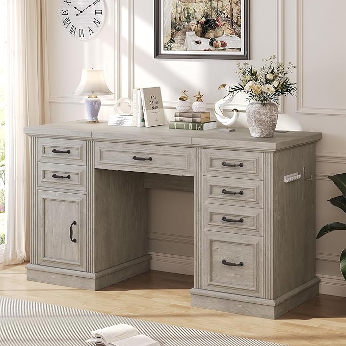 Farmhouse 57" Lift Up Executive Desk with 5 Drawers and Charging Station, Wood Home Office Computer Desk with File Cabinet Storage, Keyboard Tray,Headphone Hook for Work,Study (Grey)