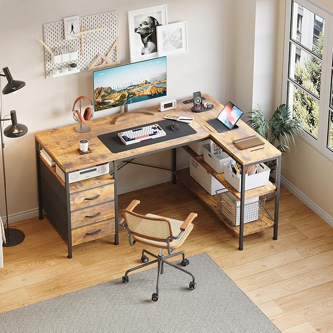 MUTUN L Shaped Computer Desk with 3 Drawers & Power Outlets, 47 Inch Corner Desk with Reversible Storage Shelves, PC Table for Home Office Bedroom (Rustic Brown, 47 Inch)