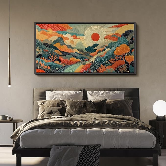 SIGNFORD Extra Large Framed Canvas Whimsical Sunlit Hills Illustrations Modern Art Calm Warm for Living Room, Bedroom, Office - 60"x30"