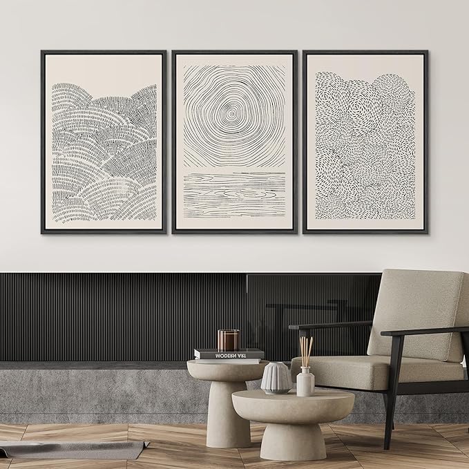 SIGNWIN Framed Canvas Print Wall Art Set Geometric Spiral Ring Wave Pattern Abstract Shapes Cozy Neutral Modern Art Decorative Contemporary Minimal for Living Room, Bedroom, Office - 24"x36"x3 Black