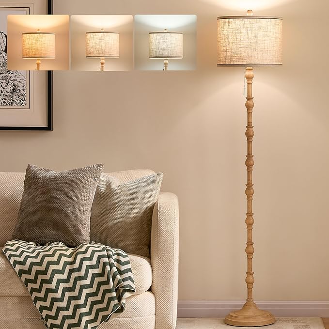 63.5'' Floor Lamps for Living Room, Farmhouse Floor Lamp for Bedroom with 3 Color Temperatures, Vintage Standing Lamps for Living Room, Living Room Light, Chain Switch, Bulb Included, Cream