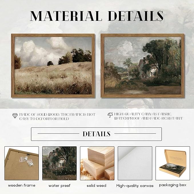 Framed Vintage Landscape Wall Art Set of 2, Rustic Farmhouse Field Canvas Wall Decor Paintings, Retro Nature Country Artwork Prints Pictures for Living Room Bedroom Home Decor 12x16 Inch