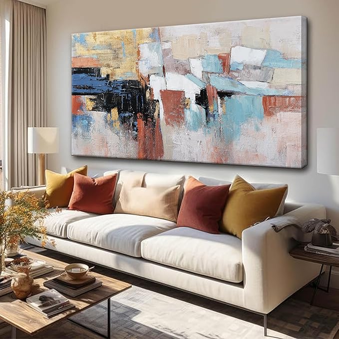 KUPTEU Canvas Wall Art Decor Large Wall Art For Living Room Abstract Art Blue Canvas Art Work Gold Wall Art Decor Colorful Abstract Wall Art Prints For Bedroom Office Kitchen Wall Decor 24" x 48"