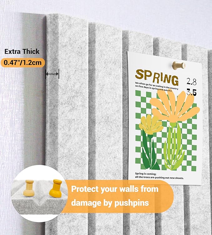 1/2" Thick Cork Board for Office, 6 Pack Felt Wall Tiles -28"x18" with Safe Adhesive Tabs, Large Bulletin Board, Push Pin Board Organizer Wall - Gray Marble