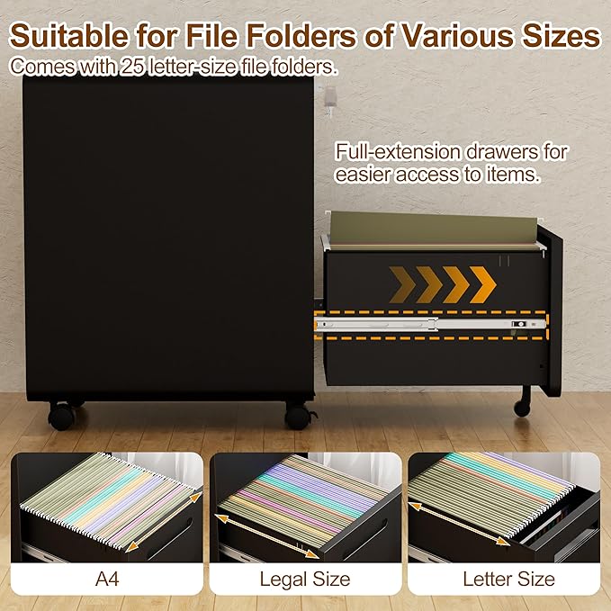 2 Drawers Metal Filing Cabinet with Lock, with 25 File Folders, Mobile Vertical Cabinet with Fully Assembled Except Casters, for Home Office, Black