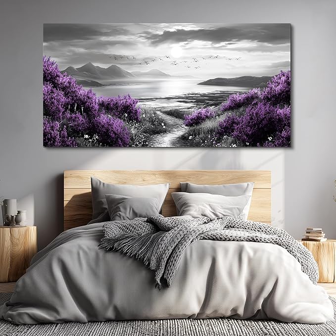 Canvas Wall Art for Living Room Large Wall Decor for Bedroom Modern Office Wall Decoration Purple Flowers Landscape Paintings Black and White Scenery Pictures Artwork Aesthetic Home Decor