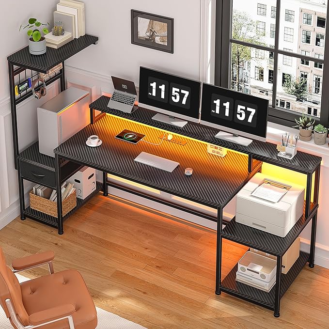 63" Gaming Desk with LED Lights & Outlets,Computer Desk with Drawers & Monitor Stand,Gaming Table with Storage Shelves & Printer Space for Game Room,Study Room,Home Office,Bedroom,Black