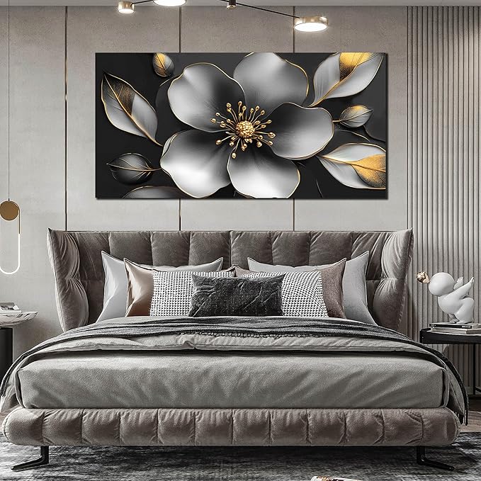 Large Canvas Wall Art for Living Room Bedroom Home Office Grey Metal Color Flower Picture Modern Canvas Prints Framed Wall Decor Size 29x59