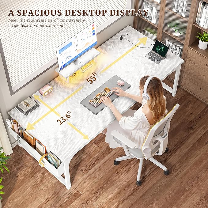 Computer Desk with Monitor Stand & 24mm Thicker Desktop,Gaming Desk with Power Outlets & LED Light,White Writing Desk for Home Office, Study, Bedroom, White