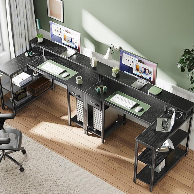 SUPERJARE 47 inch L Shaped Gaming Desk with LED Lights & Power Outlets, Reversible Computer Desk with Shelves & Monitor Stand, Corner Desk with Drawer, for Home & Office, Black