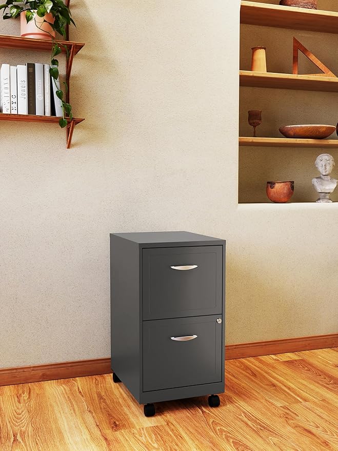 Space Solutions - 2 Drawer Fully Assembled Vertical Steel File Cabinet, Home & Small Office Use, Fits Under Most Desks, Letter-Size, Lock, Mobile, Metallic Charcoal