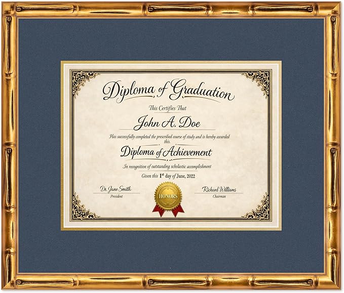Diploma Frame Gold Bamboo with Navy Blue Over Gold Double Mat - Fits 13 x 10 College Diploma (Traditional) Wall Display Made in the USA