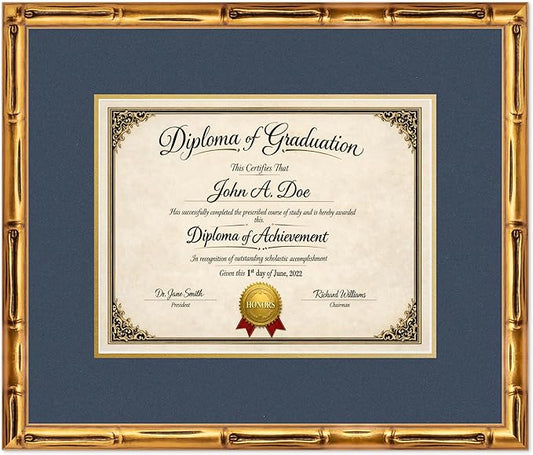 Diploma Frame Gold Bamboo with Navy Blue Over Gold Double Mat - Fits 13 x 10 College Diploma (Traditional) Wall Display Made in the USA