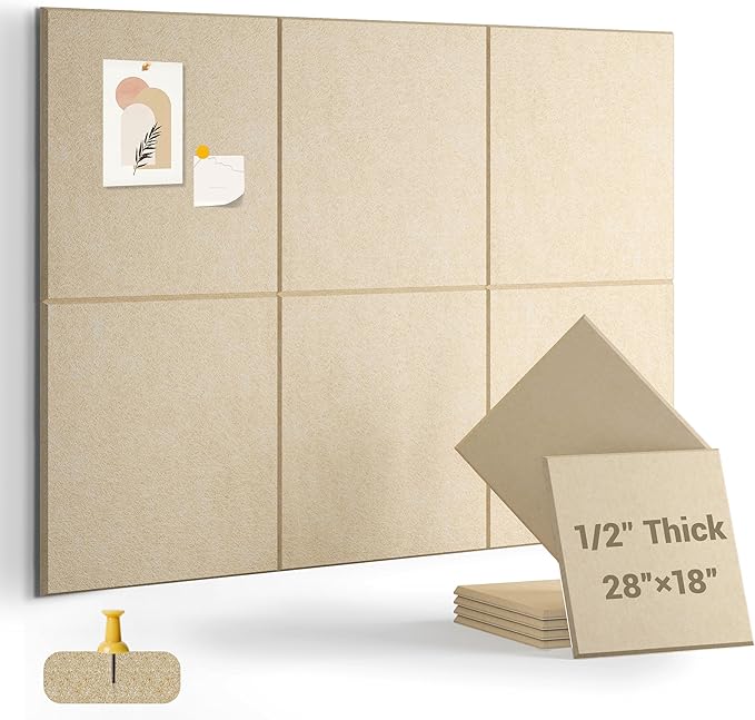 1/2" Thick Cork Board for Office, 6 Pack Felt Wall Tiles -28"x18" with Safe Adhesive Tabs, Large Bulletin Board, Push Pin Board Organizer Wall - Tan
