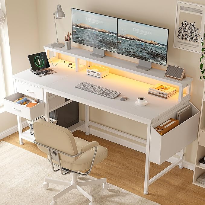 48" Computer Desk with LED Strip, Gaming Desk with Drawers & Storage Bag, Office Desk with Power Outlets & Monitor Stand, Home Office Desks for Bedroom, Gaming Room, White