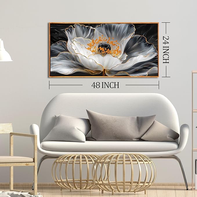 Gold Wall Art White Wall Pictures Beautiful Flower Wall Decorations for Living Room Black Artwork 24"x48" Art for Home Office