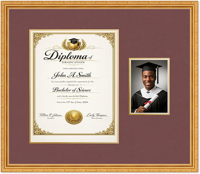 CountryArtHouse Fits 11 x 14 College Diploma (Portrait) and 5 x 7 Photo Diploma and Photo Frame Museum Gold Genuine Hardwood with Dark Red Over Metallic Gold Double mat