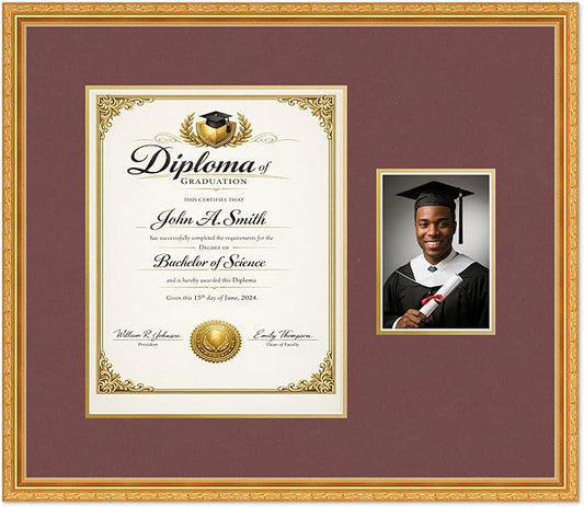 CountryArtHouse Fits 11 x 14 College Diploma (Portrait) and 5 x 7 Photo Diploma and Photo Frame Museum Gold Genuine Hardwood with Dark Red Over Metallic Gold Double mat
