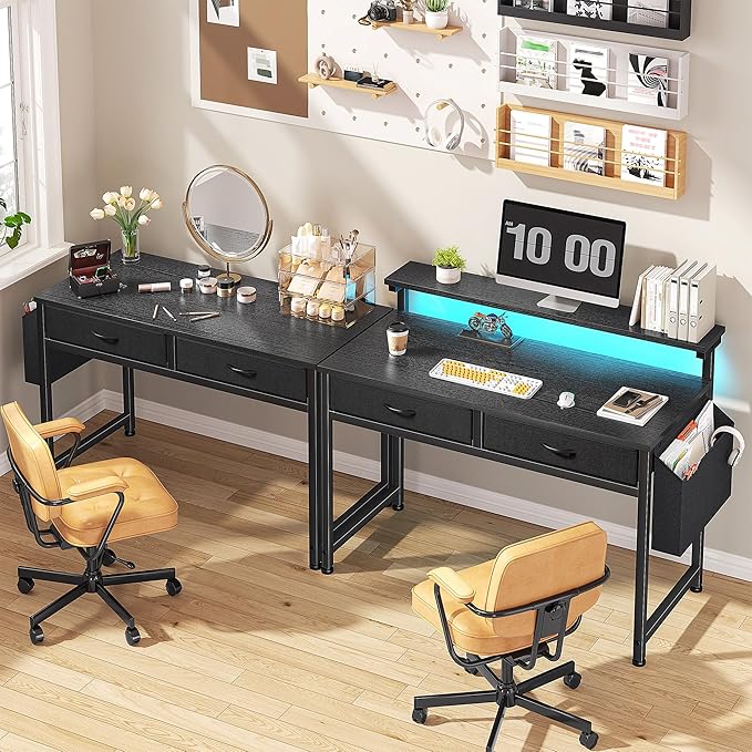 31.5Inch Office Computer Desk with LED Lights & 2 Fabric Drawers, Gaming Desk with Side Pocket & Ergonomic Monitor Stand, Small Space Study Writing Table with Anti-Tip Design,Black
