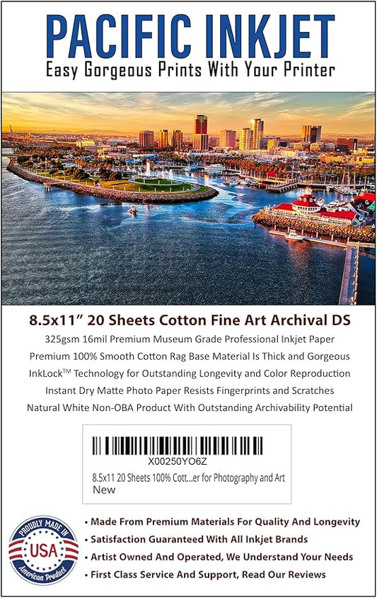 (8.5-x-11) 20 Sheets 100% Cotton Fine Art Matte Double Sided Inkjet Paper - 16mil 325gsm See Description for Compatibility Info Before Purchase - OBA Free Archival Grade Inkjet Media
