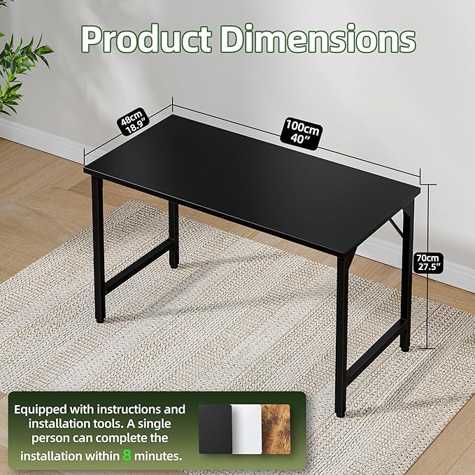 Grandder 40 inch Computer Desk, Small Home Office Desk Study Writing Kid Table, Simple PC Gaming Desk, Adjustable Feet, Black