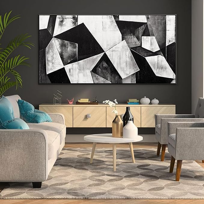 Large Abstract Wall Art For Living Room Geometric Color Block Black And White Wall Art Painting Print Canvas Art Wall Decor Simple Picture Artwork Bedroom Office Home Wall Decor 29" X 58" With Framed