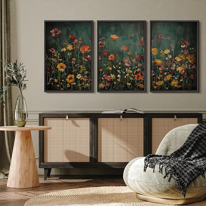 MUDECOR Framed Wall Art Print Set Vintage Wildflower Meadow with Colorful Blooms Illustrations Modern Art Boho Decorative Colorful Chic for Living Room, Bedroom, Office - 24"x36"x3 Black