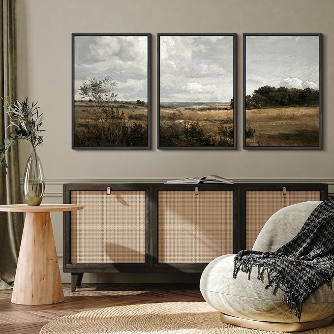 MUDECOR Framed Canvas Print Wall Art Rustic Fields Tranquil Countryside Landscape Nature Wilderness Illustrations Realism Decorative Panoramic Earth for Living Room, Bedroom, Office - 24"x36"x3 Black