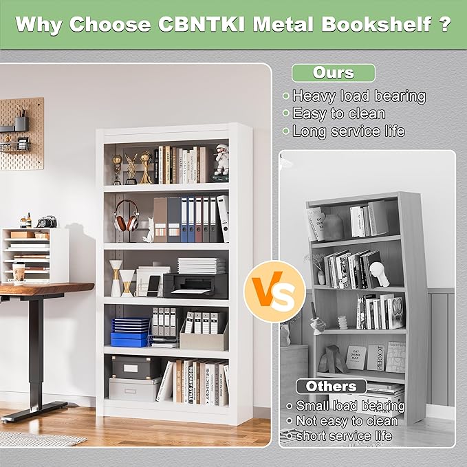 61'' Tall Metal Bookcase,Modern 5 Tier Bookshelf,White Open Adjustable Bookcases,Large Heavy Duty Display Bookshelves for Library,Office,Bedroom,Living Room