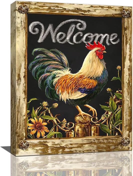 yerretin Farmhouse Rooster Wall Art Rustic Farm Chicken Pictures Wall Decor Country Canvas Painting Modern Artwork Home for Kitchen Bathroom Living Room Bedroom Office Framed 12"x16"