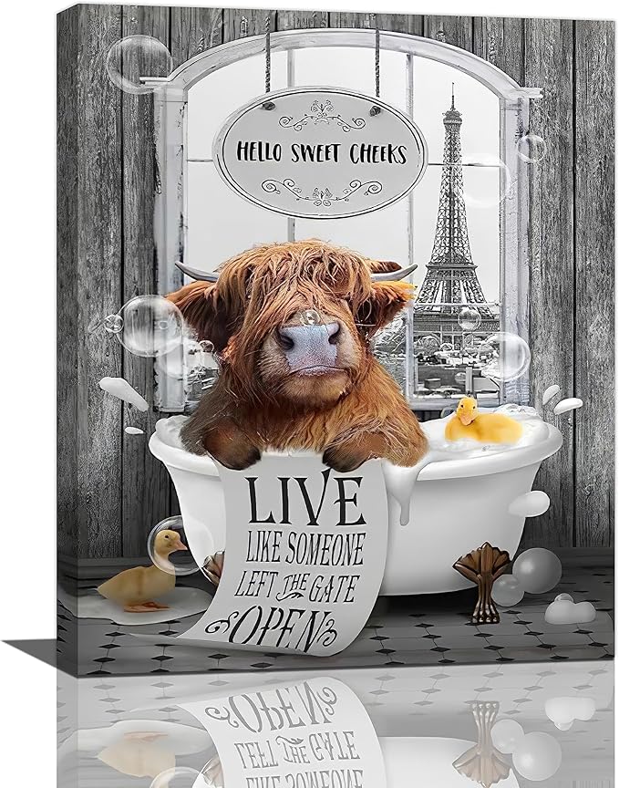 yerretin Funny Highland Cow Bathroom Wall Art Cow in Bathtub Pictures Wall Decor Hello Sweet Canvas Painting Modern Artwork Bathroom Decorations Framed Ready to Hang 16"x20"