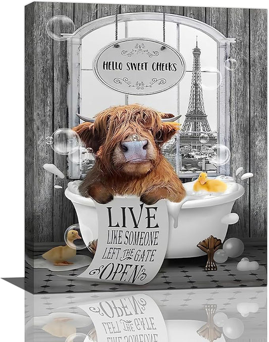 yerretin Funny Highland Cow Bathroom Wall Art Cow in Bathtub Pictures Wall Decor Hello Sweet Canvas Painting Modern Artwork Bathroom Decorations Framed Ready to Hang 16"x20"