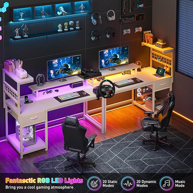 EnHomee 40" Computer Desk with Drawer & Storage Shelves, Home Office Desk with Monitor Stand, Gaming Desk with LED Lights & Power Outlets for Living Room, Study Room, Gaming Room, White