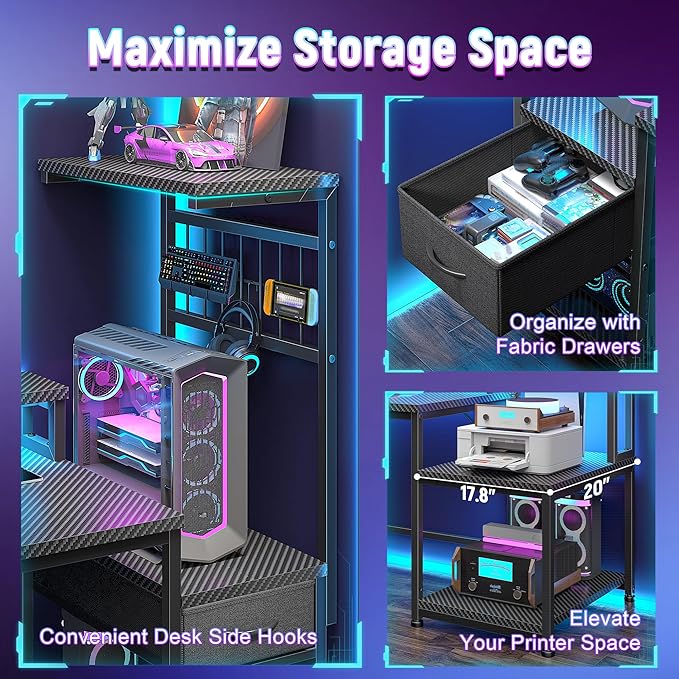 63" Gaming Desk with LED Lights & Outlets,Computer Desk with Drawers & Monitor Stand,Gaming Table with Storage Shelves & Printer Space for Game Room,Study Room,Home Office,Bedroom,Black