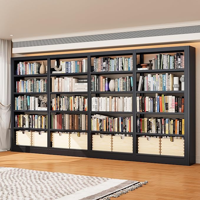 5-Tier Industrial Bookshelf, White Bookcases and Bookshelves, Tall Storage Organizer, Freestanding for Living Room, Bedroom, Home Office, Metal (Black, Bookshelf-4)