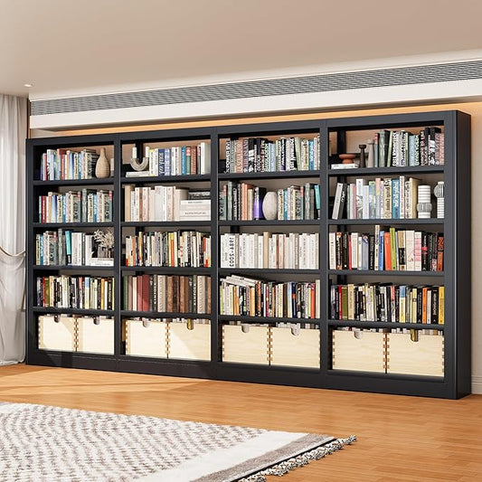 5-Tier Industrial Bookshelf, White Bookcases and Bookshelves, Tall Storage Organizer, Freestanding for Living Room, Bedroom, Home Office, Metal (Black, Bookshelf-4)