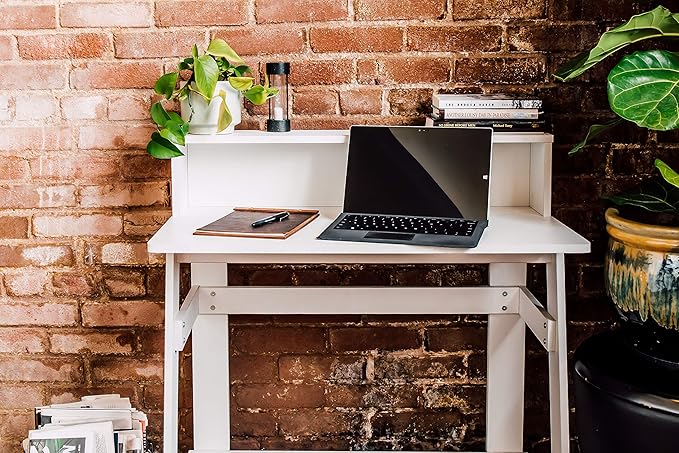 OneSpace Lennox Hutch Computer Desk, Small Desk for Home Office, Compact Writing Desk, White