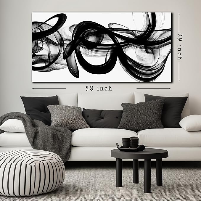 Abstract Canvas Wall Art for Living Room Large Size,Black and White Pictures for Wall.Black Home Office Wall Decor Ready to Hang 29 x 58 Inch