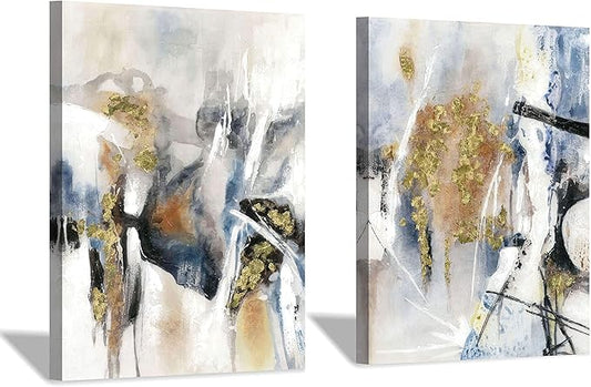 Hardy Gallery Abstract Canvas Wall Art Picture: Splash Gold Foils Artwork Painting Print on Canvas for Living Room (18'' x 24'' x 2 Panels)