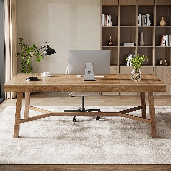 Tribesigns 71-Inch Executive Desk, Farmhouse Office Computer Desk with Sturdy Leg Structure, Rectangular Writing Table Business Furniture for Home Office, Natural