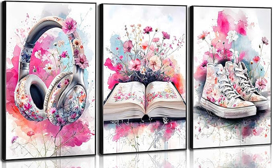 3Pcs Teen Girls Bedroom Canvas Wall Art Fashion Headphones Book and Shoes Pink Watercolo Splash Flower Painting Pictures Wall Decor Print Artwork for Living Room Dorm Home Decoration Unframed