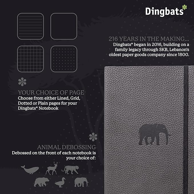 Dingbats Wildlife Dotted Journal A5 - Vegan Leather Hard Cover, Ideal for Work, Travel - Pocket, Elastic Closure, Bookmark