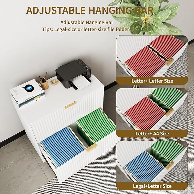Wooden Two-Drawer Filing Cabinet,Horizontal Home Office Filing Cabinet with Three-Level Adjustable Hanging Rails,Doubles as A Printer Stand,Suitable for A4/Letter/Legal Sizes(White-04)