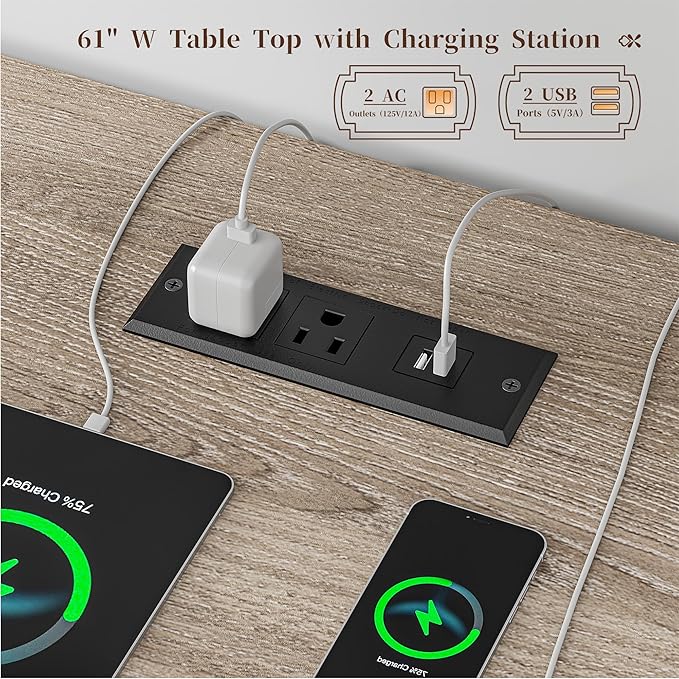 EnHomee 60.4" Farmhouse Computer Desk with Drawer & Power Outlet, Gaming Desk with LED Light, Office Desk with Monitor Stand, Study Desk, Work Desk for Home Office, Study Room, Bedroom, Ash Gray